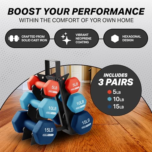 HolaHatha 1, 2 and 3 lb Neoprene Dumbbell Strength Training Weight Set with Rack - color: Blue/Red, size: 60 LB
