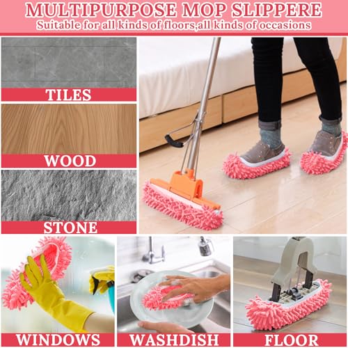Mop Slippers Shoes for Women Men Foot Dust Duster Microfiber Dust Hair | Reusable Sweeper Cleaning Tool for House Bathroom Kitchen - color: Pink 1pair, size: F