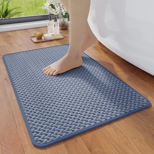 YDKGL Bathroom Rugs Non Slip, Super Absorbent Quick Dry Bath Mats for Bathroom, Foam Weave Texture Thin Bath Rugs Washable with Rubber Backing Fit Under Door Outside Shower,16" x 24“ - color: Blue, size: 16" X 24“