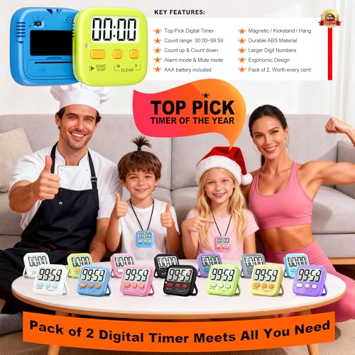 Antonki 2 Pack Digital Timer for Kids, Magnetic Countdown Kitchen Timers for Cooking, Egg, Classroom, Teacher, Exercise, Study, Oven - Battery Included - color: 2 * Green+ Sky Blue ( 95%+select for Kids )