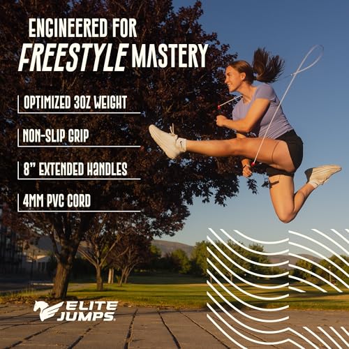 Elite Jumps Fit Plus Pro Freestyle PVC, 4mm Cord Skipping Rope, Cardio, Adjustable 10ft Length with 8" Reinforced Handles, Non-Slip Grip for Gym Workout, School Sport, Beginner Use - color: Black-no grip tape