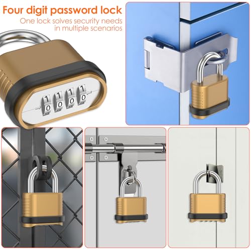 6 Pack Heavy Duty Combination Lock Outdoor, 4-Digit Weatherproof Combo Lock | Resettable Brass Combination Padlock for Gate, Locker, Shed, Garage, Fence, Gym, Storage Unit - color: Gold