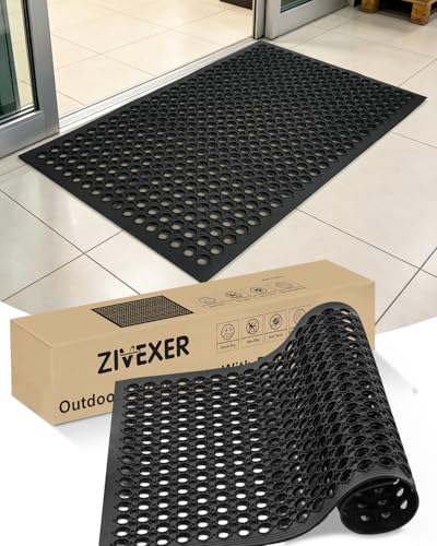 24"x36" Heavy Duty Non Slip Outdoor Rubber Door Mat with Drainage Holes,Large Rubber Mats for Bar, Garage, Kitchen, Waterproof Black Shop Matt, Fast Drying Restaurant Floor Mat, Driveway Mats Outdoor - size: 2' x 3' (Rectangular)