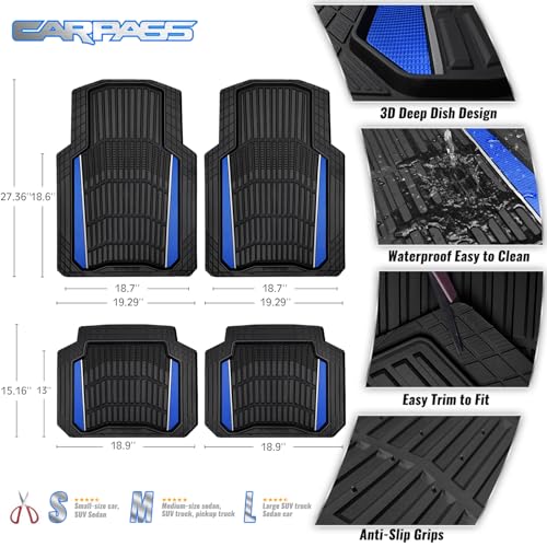 CAR PASS Heavy Duty Rubber Car Floor Mats, Deep Waterproof Car Floor Mats All Weather, Aluminum Film Floor Mats for Cars Non-Slip Universal Trim to Fit for SUVs Trucks Sedans Vans, Black Blue Metallic - color: Black Blue
