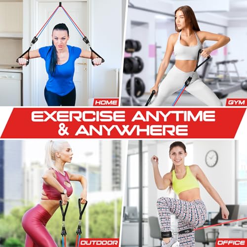 RENRANRING Resistance Bands for Working Out, 150LBS Exercise Bands, Workout Bands, Resistance Bands Set with Handles for Men Women, Legs Ankle Straps - color: Light pink ,Pink, Green , Grey ,Black, size: 51.0 inch