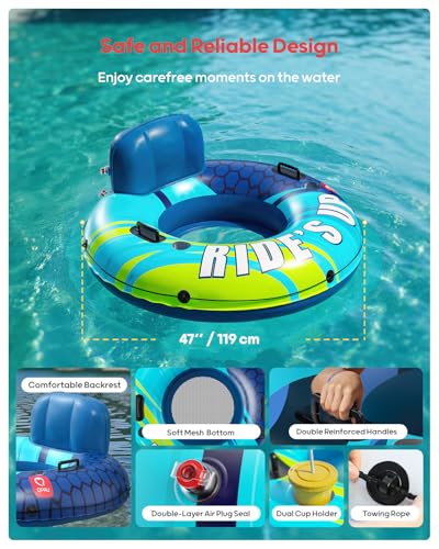 QPAU Inflatable River Tube, 0.4 mm Thickened Puncture-Resistant Heavy Duty River Float, River Raft with Ergonomic Backrest, Mesh Bottom & 2 Cup Holders for Adults and Friends Lake Float - color: Blue&Green