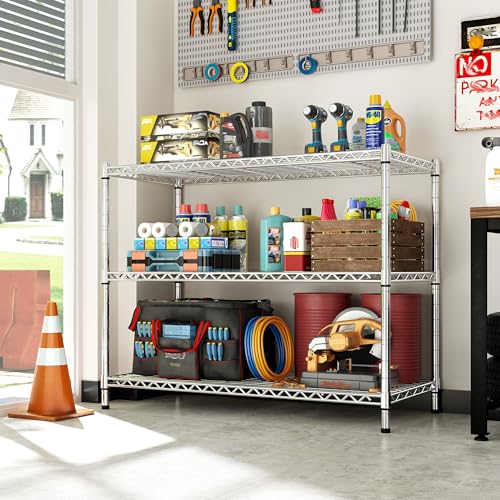 3- Shelf Metal Shelving Unit 35.6Wx14Dx36H,Adjustable Storage Shelves Heavy Duty Garage Steel Shelving for Office,Wire Rack Small Shelf for Kitchen Shelves Laundry Bathroom Pantry Closet,Chrome - size: Chrome-35.6"Wx14"Dx36"H