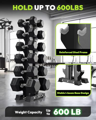 HANDBODE Rubber Coated Hex Dumbbell Set with A-Frame Rack, 100 lb - 600 lb Multiple Options Weight, Hexagon Non-Rolling Shape, Ergonomic Knurled Handle, Home Gym Equipment for Strength Training - style: 540 lb (20, 30, 40, 50, 60, 70 lb) X 2 & Rack