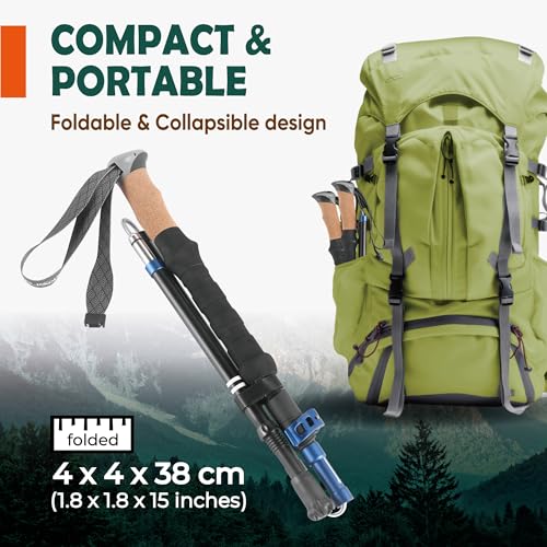 TREKOLOGY Trek-Z Cork Grip Trekking Poles – Lightweight Folding Hiking Poles, Adjustable Height, Compact Travel Design, Aircraft-Grade Aluminum Walking Sticks for Men & Women - color: Black with Blue
