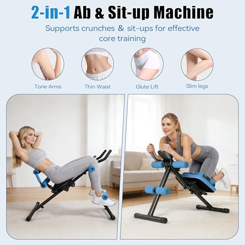 EPHESPORT Multifunctional Ab Machine, Crunch & Sit-Up Core Trainer, Adjustable Ab Trainer with Knee & Back Support, Foldable, Full Body Workout Equipment for Home Gym - color: Blue