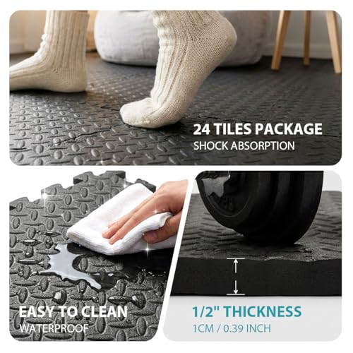 24 Tiles Interlocking EVA Foam Floor Tiles, Puzzle Exercise Mat, Home Gym and Garage Workout Mat, Black, 20 in x 20 in x 0.39 in, 64 Sq Ft (24, Black) - color: Black