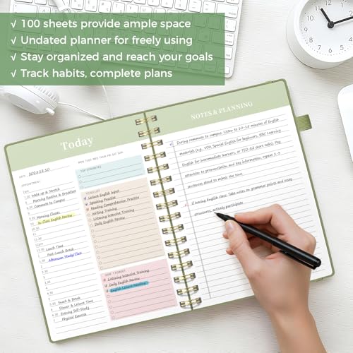 Oucaru Undated Daily Planner, A5 Spiral Notebook with Hourly Schedule, To Do List, Priorities, and Notes for Productivity - Easily Organize Your Tasks, Appointments & Goals for Women - size: A5-Green, style: Daily Planner