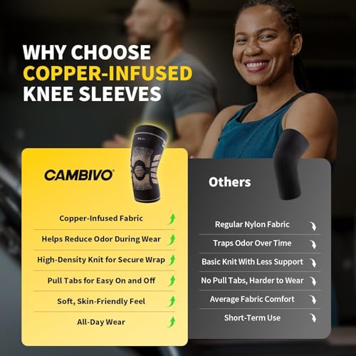 CAMBIVO 2 Pack Copper Knee Brace for Women Men, Pain Relief Knee Support, L | Copper infused for pain relief & circulation | Pull tabs easy on/off | Non-slip compression for arthritis, running, gym - size: Large