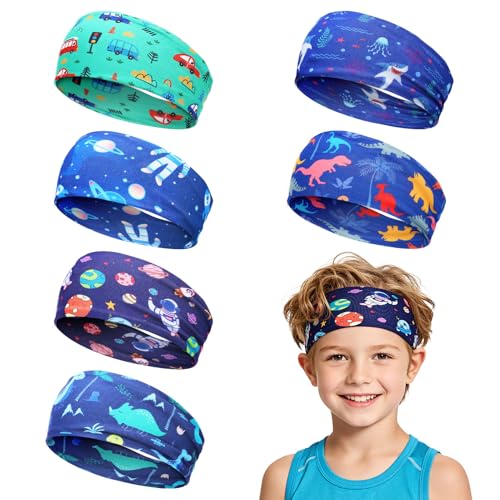 MADHOLLY 6Pcs Breathable Kids Sweat Bands for Ages 4-10 Boys Girls | Sweat Absorption, Soft, Elastic Wicking Head Bands, Sports Accessories for Football, Soccer, Basketball, Baseball, Running - style: Cartoon