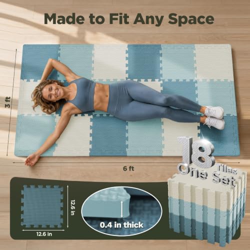 AIRHOP 18 PCS Gym Floor Mat, EVA Foam Puzzle Gym Mat, High-Density Interlocking Foam Floor Tiles for Home Gym, Play Workout Garage Kitchen Flooring 12.6"x12.6"x0.4" - color: Ivory + Navy + Sky Blue Mix Set, size: 18 Tiles | 18 Sq Ft