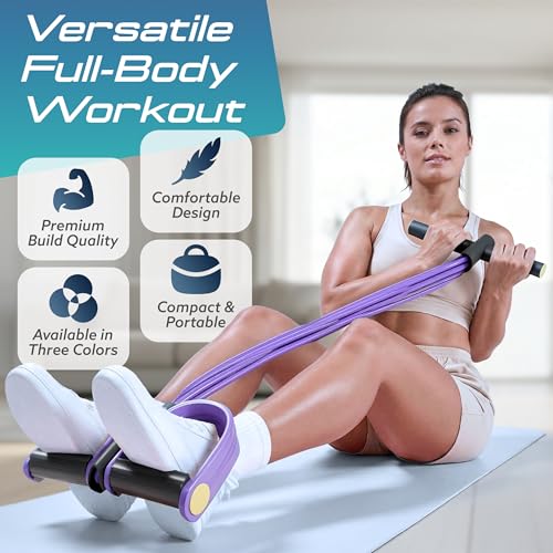 Resistance Band with Pedals, 6 Tube Pedal Resistance Band for Full Body Home Workout, Exercise Band with Handles for Abs, Glutes, Arms & Legs, Portable Fitness Equipment for Women (Purple)