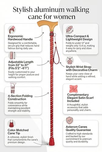 Asterom Canes for Women - Foldable, Adjustable, Collapsible - Fashionable Walking Cane for Women, Wooden Handle - color: Red