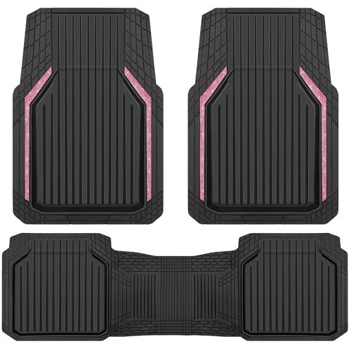 CAR PASS Pink Heavy Duty Rubber Floor Mats for Car, Waterproof Liner Deep Dish Bling Car Mats Full Sets, Universal Trim to Fit for SUV Truck Sedans Vans, All Weather Floor Mats, Pink Sparkly - color: Bling Black Pink