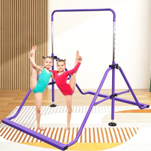 Folding Gymnastics Bar with Rings, Foldable Kip Bar with Sturdier Base, Training Bar for Kids Ages 3-10, Horizontal Bar, Home Gym Equipment for Boy Girl - color: Violet, style: Foldable Bar