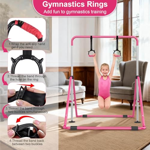 SHIWEI Gymnastics Bar for Kids, Gymnastic Kip Bar 5-Height Adjustable Home | Foldable, Indoor Outdoor Use, 140lb Capacity, for Ages 3-8, with Gymnastics Rings, Anti-Slip & Space-Saving Design - color: Pink with mat