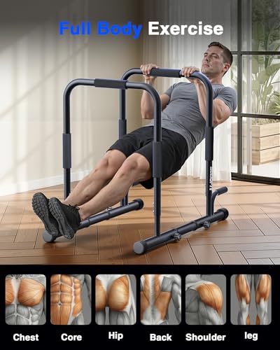 2-in-1 Dip Bar Station - Dip Bars & Push Up Bars Calisthenics Equipment with 420LB Bolt Washer Stable Design Dual Inner Connectors Portable Adjustable for Home Gym Strength Training - color: Black