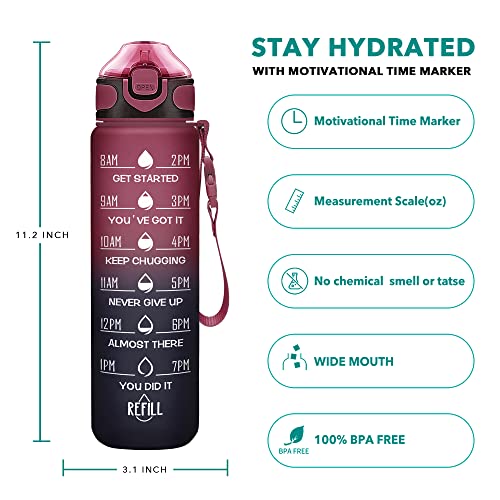 Enerbone 32 oz Drinking Water Bottle with Times to Drink and Straw, Motivational with Carrying Strap, Leakproof BPA & Toxic Free, Ensure You Drink Enough Water for Fitness Gym Outdoor - color: Red Blue