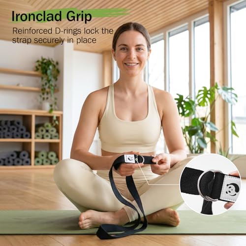 Slim Panda Yoga Strap for Stretching,Cotton Yoga Strap with Adjustable D-Ring Buckle,Non-Elastic Yoga Belt for Pilates,Gym Workouts,Physical Therapy,Improve Flexibility - color: Black, size: 6 Feet