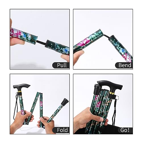 Walking Cane, Folding Cane for Man & Women, Portable Lightweight | 5-Level Adjustable Height, Collapsible Cane for Seniors Balancing Mobility Aid - color: Green Flowers
