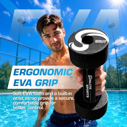Sunlite Sports Water Weights Pool Exercise Dumbbells, Water Aerobic Equipment, High-Density EVA-Foam Dumbbell with Handle Strip, Aqua Therapy, Pool Fitness, Water Exercise, Set of 2 - color: Black Performance, size: X-Large