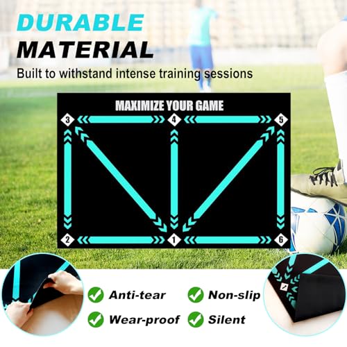 Football Footstep Training Mat, Soccer Training Mat 35 * 24IN, Soccer Skills Training Equipment with Storage Bag and Soccer Return Trainer Net - color: Black-Blue