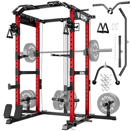 RH01 Power Cage Rack, 2000LBS Squat Rack with with Cable Crossover System&LAT Pull Down System, Multi-Function Workout Cage for Home&Garage Gym - color: Red, size: RH01 Power Cage