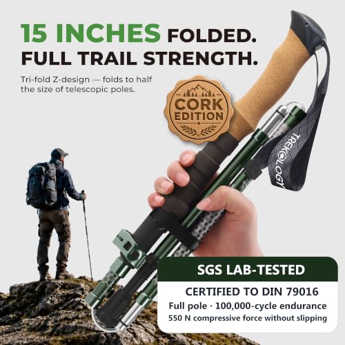 Trekology Trek-Z Collapsible Hiking & Trekking Poles - Balance Support for Seniors, Women, and Men, 2pc Per Set - color: Cork Green, size: 100–120 cm (for Height: 4’11” to 5’10”)