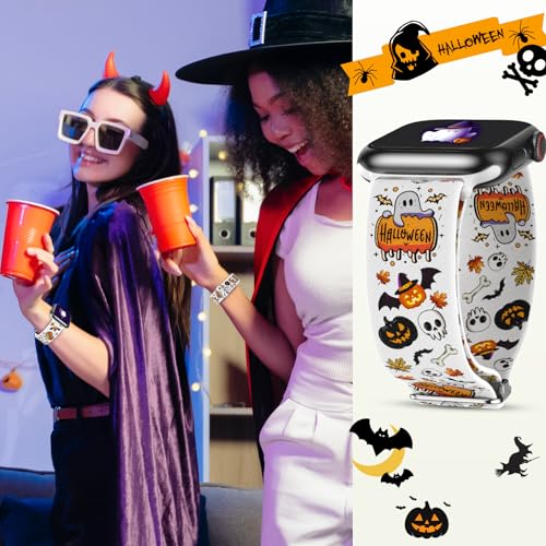 LETOID Stretchy Bands for Apple Watch Band Women Men Adjustable Solo Loop | Skin-Friendly Elastic Nylon Replacement Strap, iWatch Series 11 10 9 8 7 6 5 4 3 2 1 SE Ultra 49 46 45 44 42 41 40 38mm - color: Halloween: Pumpkins, Skeletons, Bats, size: 38mm/4