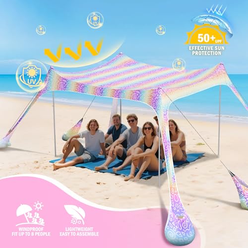 2PM SPORTS Beach Tent Sun Shelter 10x10 FT - UPF 50+ UV Protection, 8 Sandbags, Easy Setup, Portable Beach Shade Canopy for Family Picnic Camping Travel - color: Rainbow