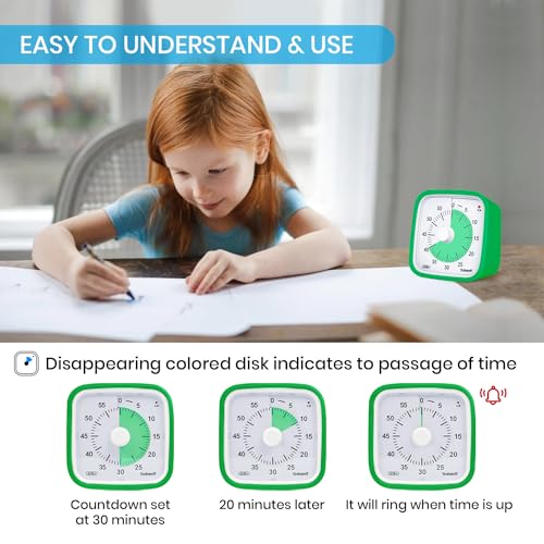Yunbaoit Visual Timer, Silent 60-min Countdown Timer for Kids, Green Green | Protective Case, Time Management Tool, Mute and Ringing Alarm Available, Low Power Reminder, for Study,Game,Work,Fitness etc - color: Dark Green