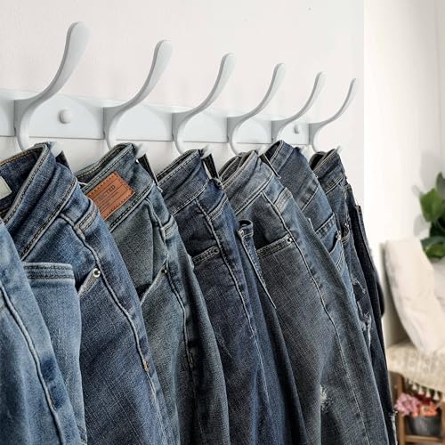 SKOLOO Heavy Duty Wall Mounted Coat Rack - 6 Hooks, Stainless Steel, Pack of 2, Sturdy Coat Hooks for Hanging Clothes, Jacket, Hat, White - color: White, size: 6 Hook(2 Pack)