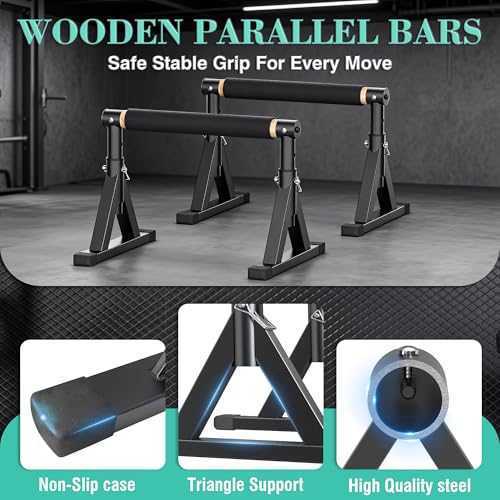 GanFindX Wooden Parallel Bars 12/10-14" 600LB Capacity for Home Gym | 600LB Wooden Parallettes with Non-Slip Base, Adjustable Bars for Dips, Push Ups, Handstands, L-Sits & Gym Training, Black - size: 10-14"