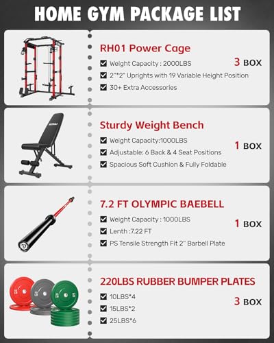 RH01 Power Cage Rack, 2000LBS Squat Rack with with Cable Crossover System&LAT Pull Down System, Multi-Function Workout Cage for Home&Garage Gym - color: Red, size: RH01 Power Cage with 220LB C Weights
