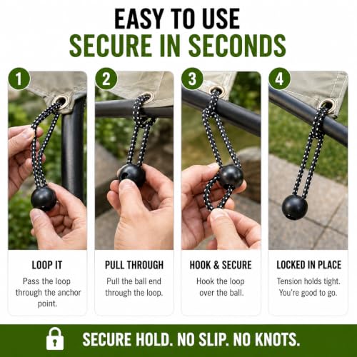 Heavy Duty Ball Bungee Cords 25lbs Breaking Strength, Stretches to 12 Inch, 50 Pcs 6 Inch Cords with Large 1-Inch Ball, UV Resistant Tarp Tie Downs for Canopy, Camping, Tents, Tarps, Black/White