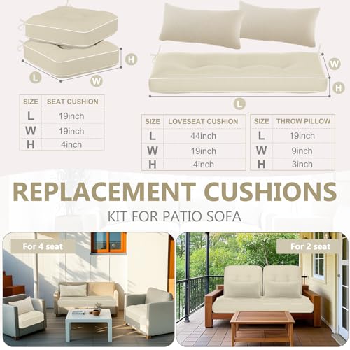 Chunful Set of 5 Outdoor Bench Cushions Set 44 x 19 Inch Tufted Waterproof Patio Furniture Seat Pad with Throw Pillows Loveseat Cushion for Square Settee Indoor Sofa Wicker Couch (Beige White) - color: Beige White