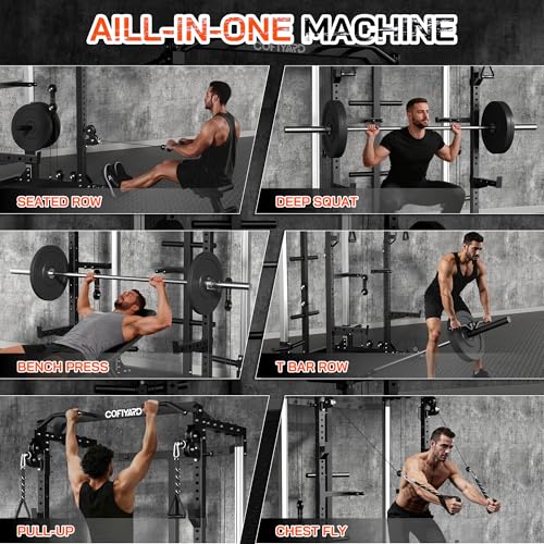 Cofiyard Power Cage, Power Rack with Dual Pulley System, Multi-Function Squat Rack with Cable Crossover, Home Gym Workout Machine