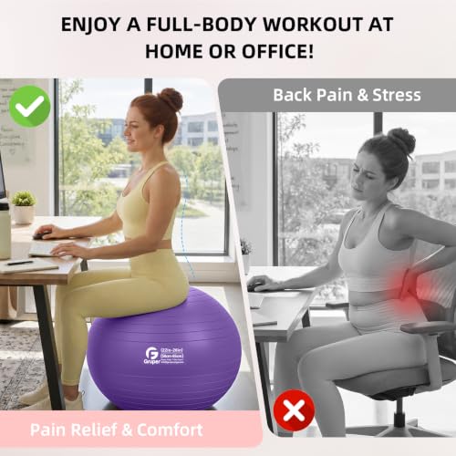 Gruper Exercise Ball, Extra Thick Yoga Ball for Working Out, Yoga & Pregnancy, 4 Sizes Anti-Burst Balance Ball with Foot Pump for Pilates, Physical Therapy & Fitness - color: purple, size: XL(30IN/75cm)
