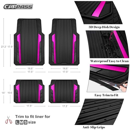CAR PASS Heavy Duty Rubber Car Mats Metallic, Aluminum Film All Weather Floor Mats Waterproof Universal Trim to Fit for SUV Sedan Van 4 Piece Anodized Deep Dish Two-Tone Sporty Black Hot Pink Chrome - color: Black Hot Pink