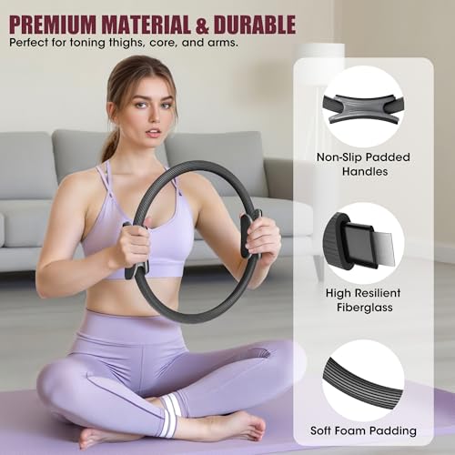 ROSAPOAR Pilates Essentials Kit for Women, Pilates Ring Set - 14" Magic Circle with Yoga Ball & Resistance Bands – Pilates Kit for Home Workouts, Toning & Core Sculpting Pilates Equipment - color: Grey