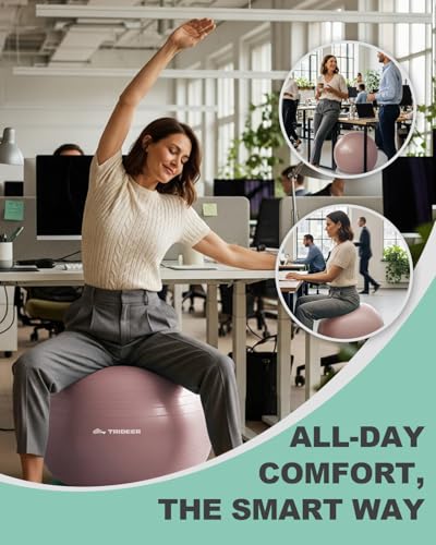 Trideer Yoga Ball Chair with Base for Office Desk, Exercise & Stability Ball Seat, Pilates Ball for Core Training, Pregnancy Ball, Back Pain Relief & Active Sitting - color: Pink, size: L(23-26inches/58-65cm)