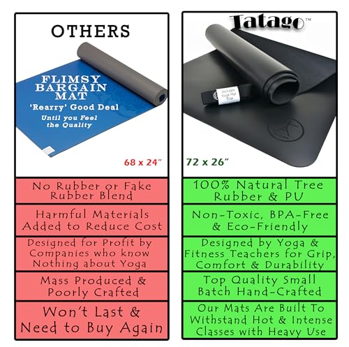 Tatago Hot Yoga Mat Non Slip-Professional Grade Natural Rubber Yoga Mat, Pliates Mat, Stretching Mat or exercise mats for home workout. Nonslip for Hot and Sweaty Classes. Includes Yoga Strap for Carrying and Stretching too. - color: Black, size: 72 Inch