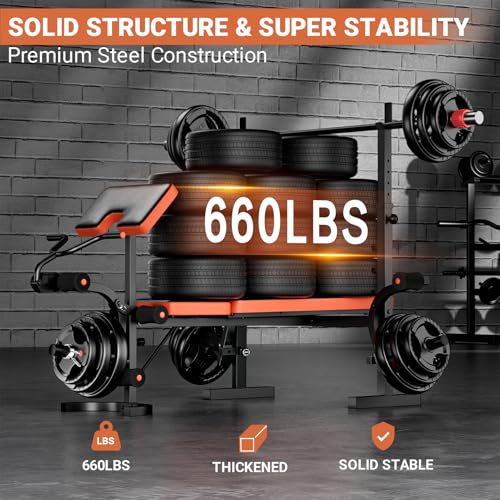 Fostoy Adjustable Weight Bench, Bench Press with Squat Rack, Olympic Weight Bench for Home Gym, Workout Bench with Preacher Curl Pad and Leg Develope for Full-Body Strength Training