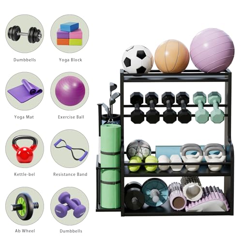 APRTAT Bamboo Dumbbell Rack, Adjustable Weight Rack for Home Gym, All-in-One Workout Equipment Storage for Dumbbells, Kettlebells, Yoga Mats & Balls - color: Black