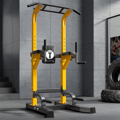 SogesPower Multi-Function Power Tower Pull Up Bar Station for Home Gym | 10-Level Adjustable Height Pull Up Bar Stand Dip Station Strength Training Workout Equipment - color: Yellow