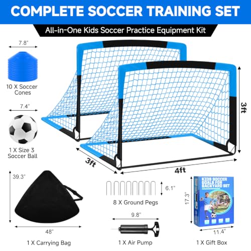 Soccer Goal, Kids Soccer Goals for Backyard Set- 2 Pack of Portable Pop Up Soccer Nets with Ball,Cones,Soccer Training Equipment for Toddler,Youth Outdoor Backyard Game - color: Blue Black, size: 4x3FT